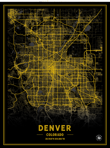 Denver City Map Poster - Black & Yellow - Denver Apparel Company