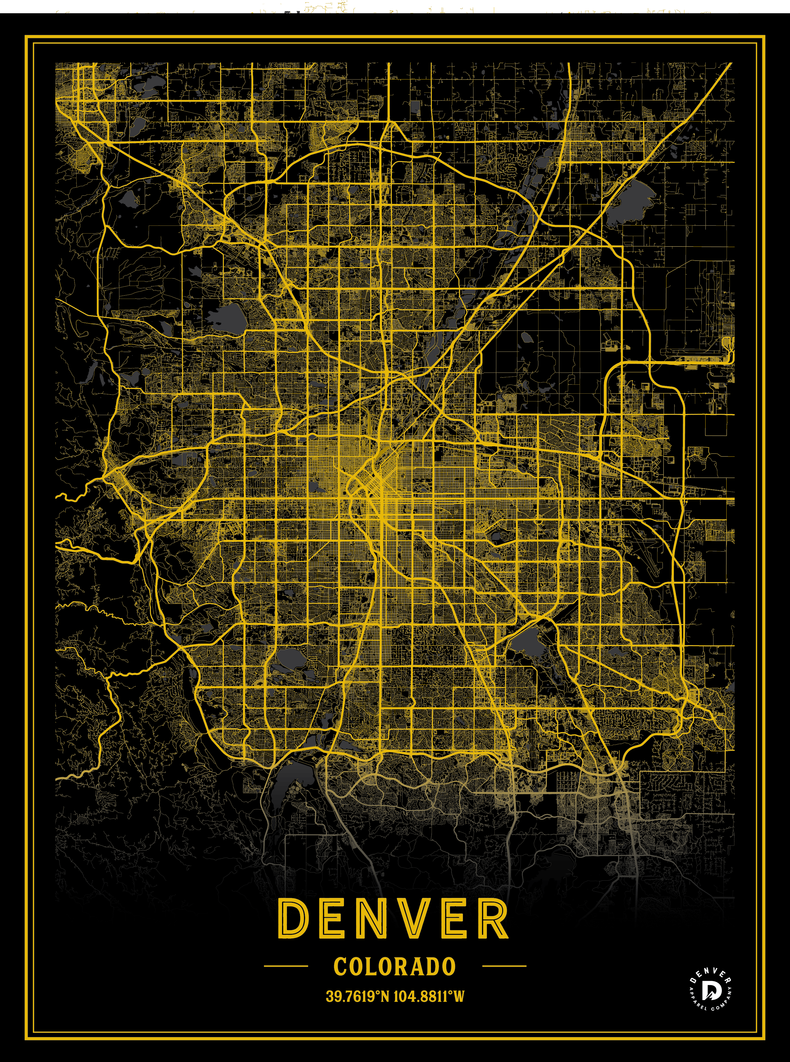 Denver City Map Poster - Black & Yellow - Denver Apparel Company